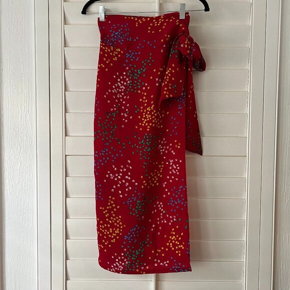 Never Fully Dressed Red Midi Skirt with Multicolor Dots - Picture 1 of 3